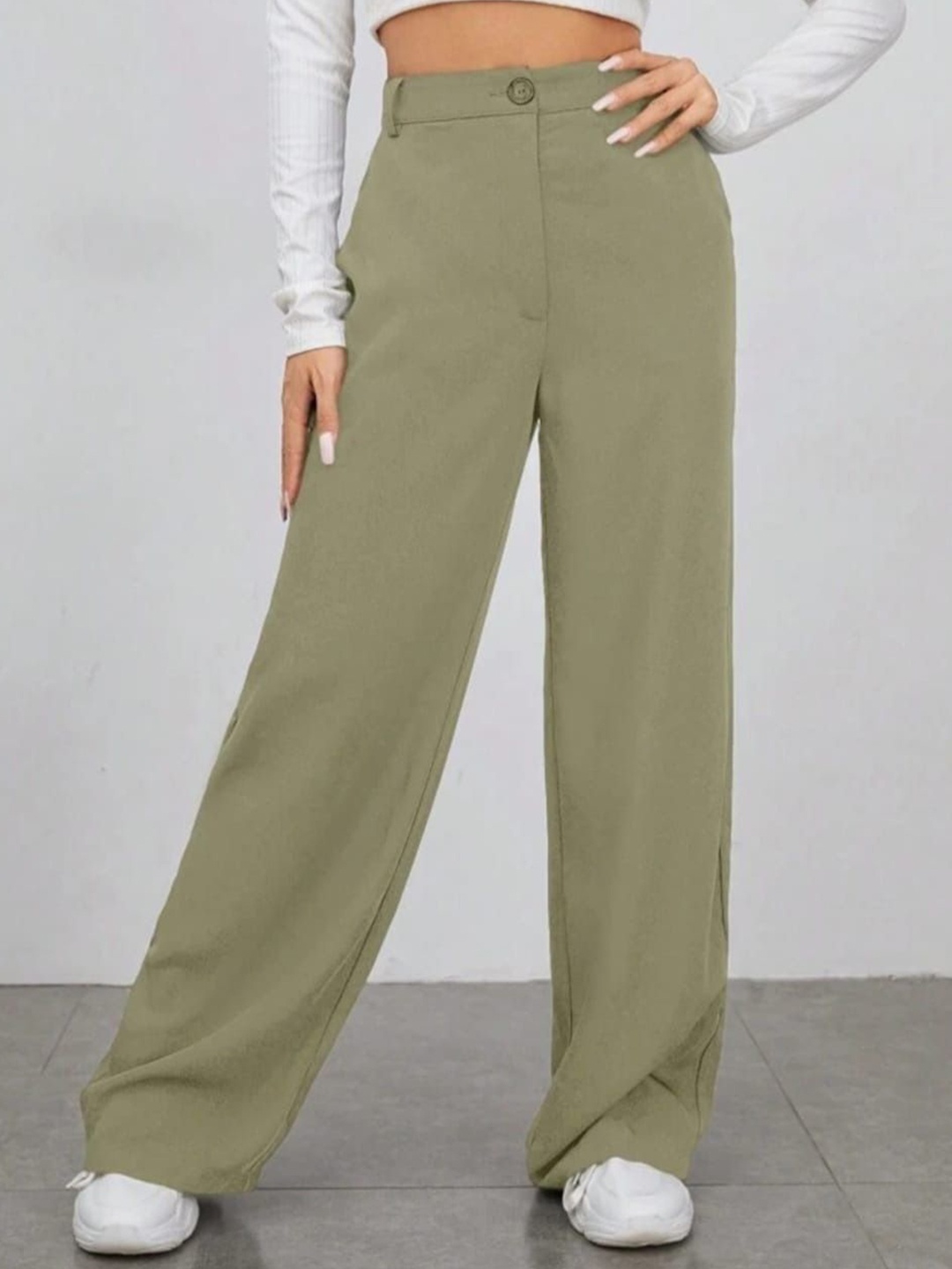 

Next One Women Solid Smart Straight Fit High-Rise Easy Wash Trousers, Green