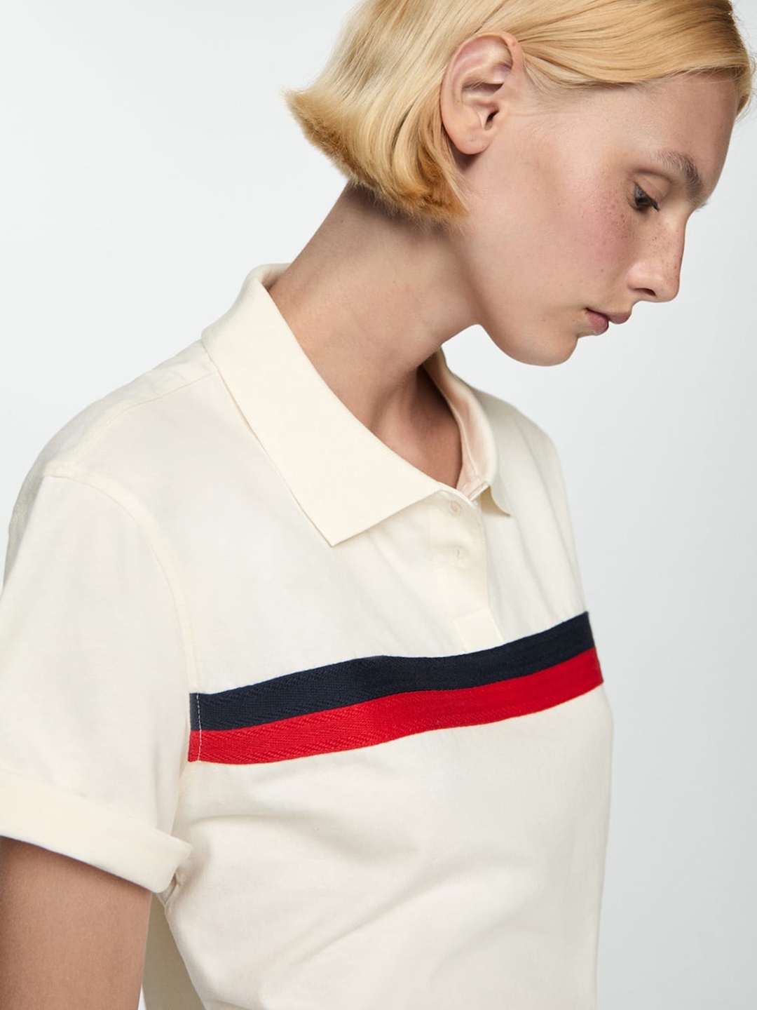 

MANGO Striped Polo Collar Pure Cotton T-shirt, Cream