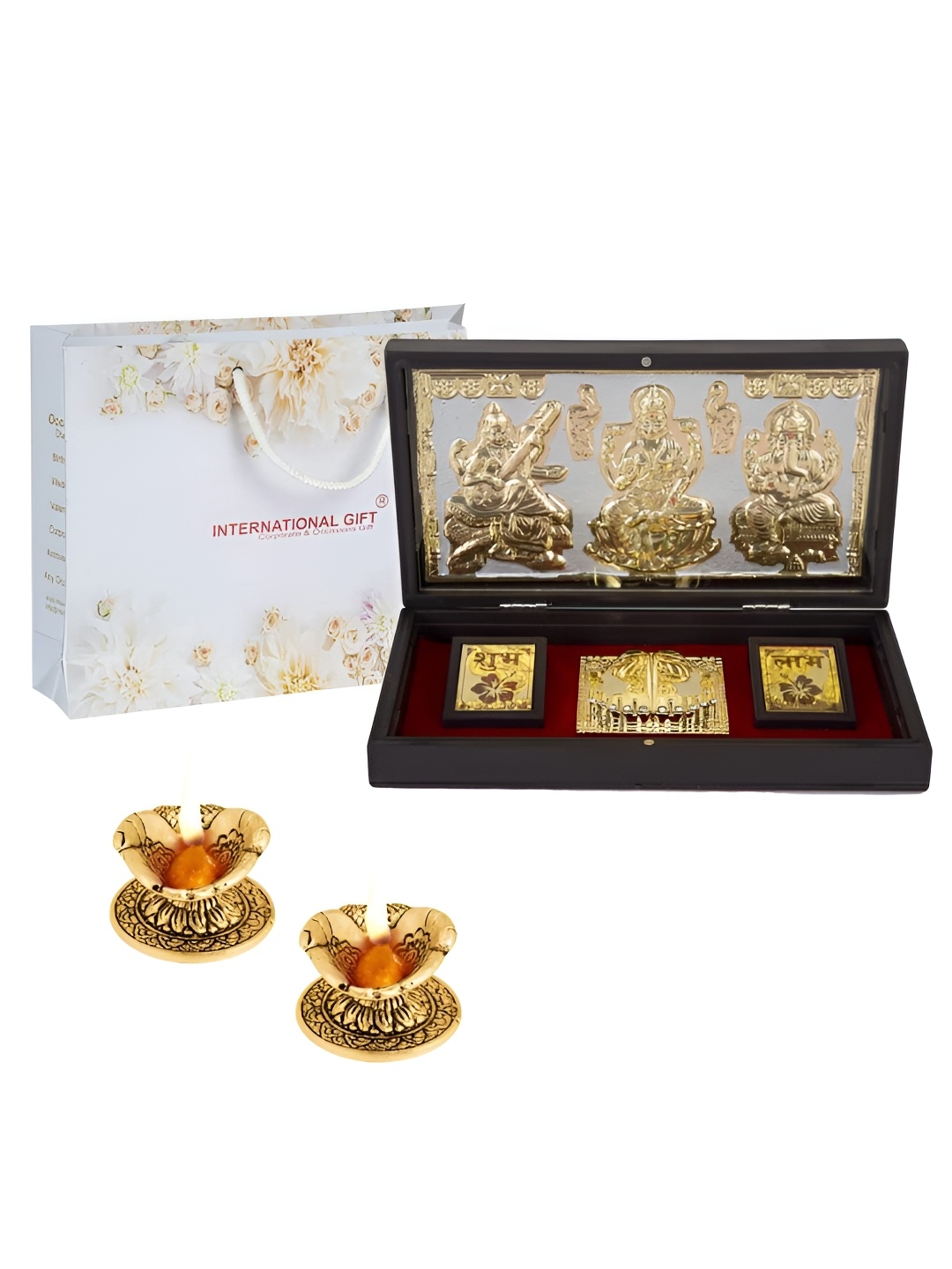 

INTERNATIONAL GIFT Golden Finish Lakshmi Ganesh Saraswati Frame with Charan Paduka & Diya, Gold