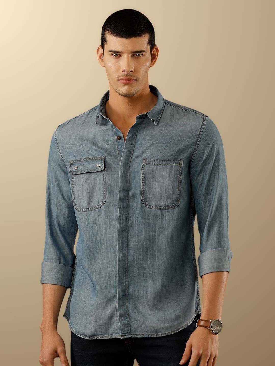 

TEMPLE OF DENIM Men India Slim Spread Collar Solid Denim Casual Shirt, Blue