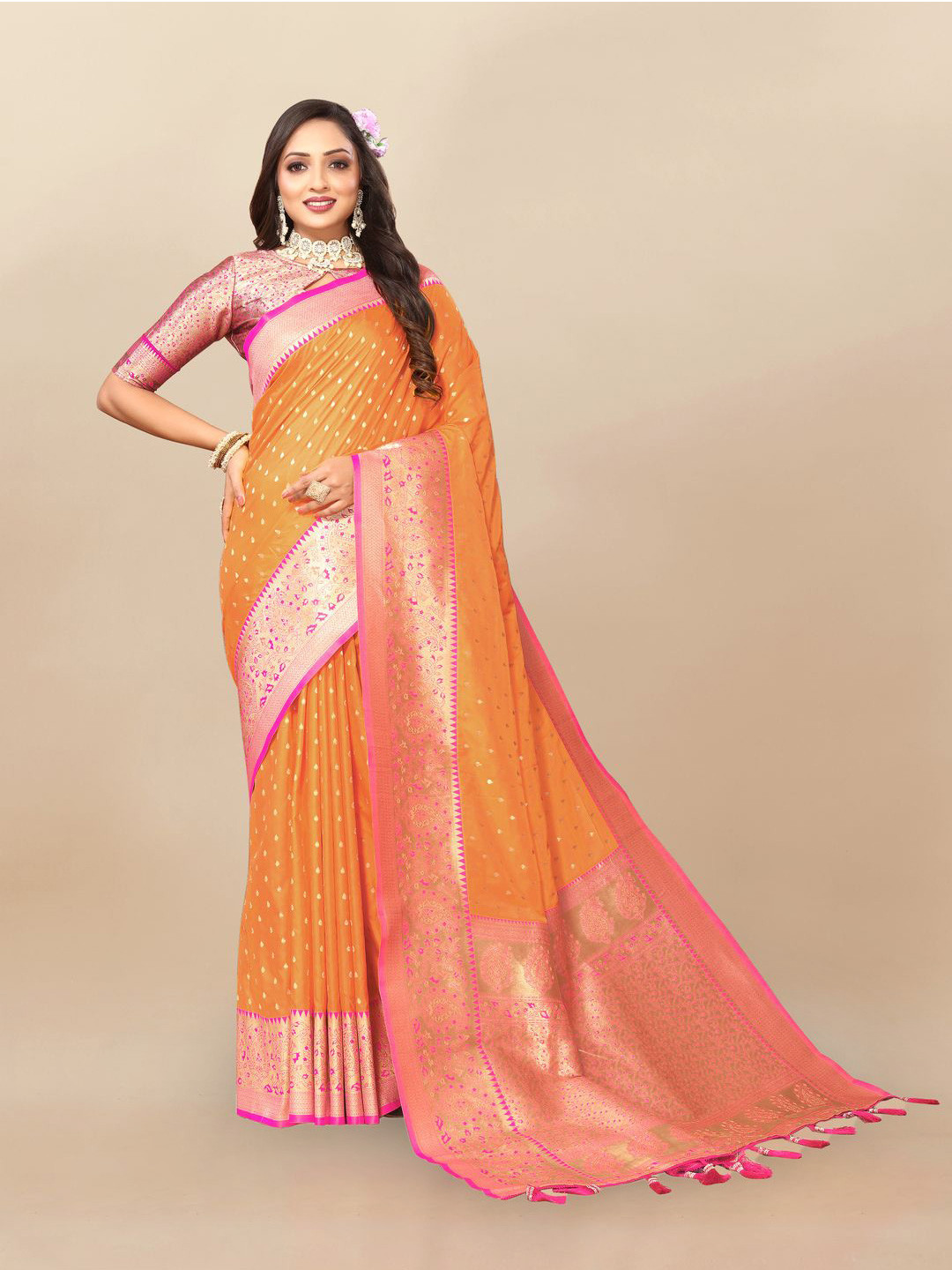 

MOKSHA DESIGNS Ethnic Motifs Woven Design Zari Pure Silk Banarasi Saree, Yellow
