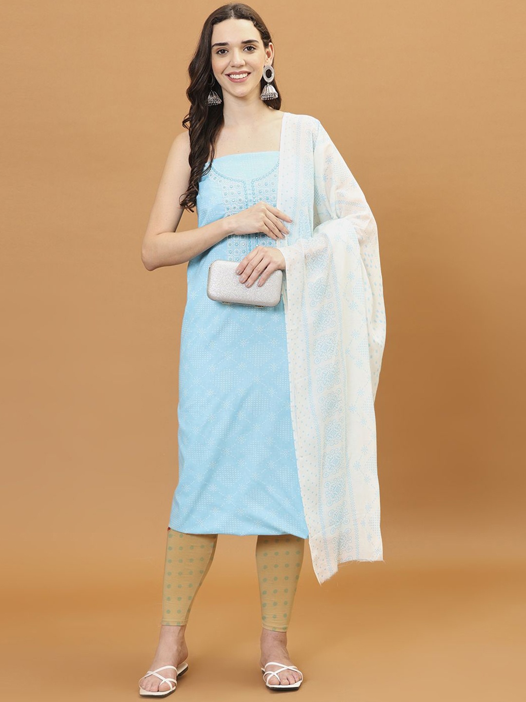 

Meena Bazaar Geometric Printed Sequinned Unstitched Dress Material, Blue