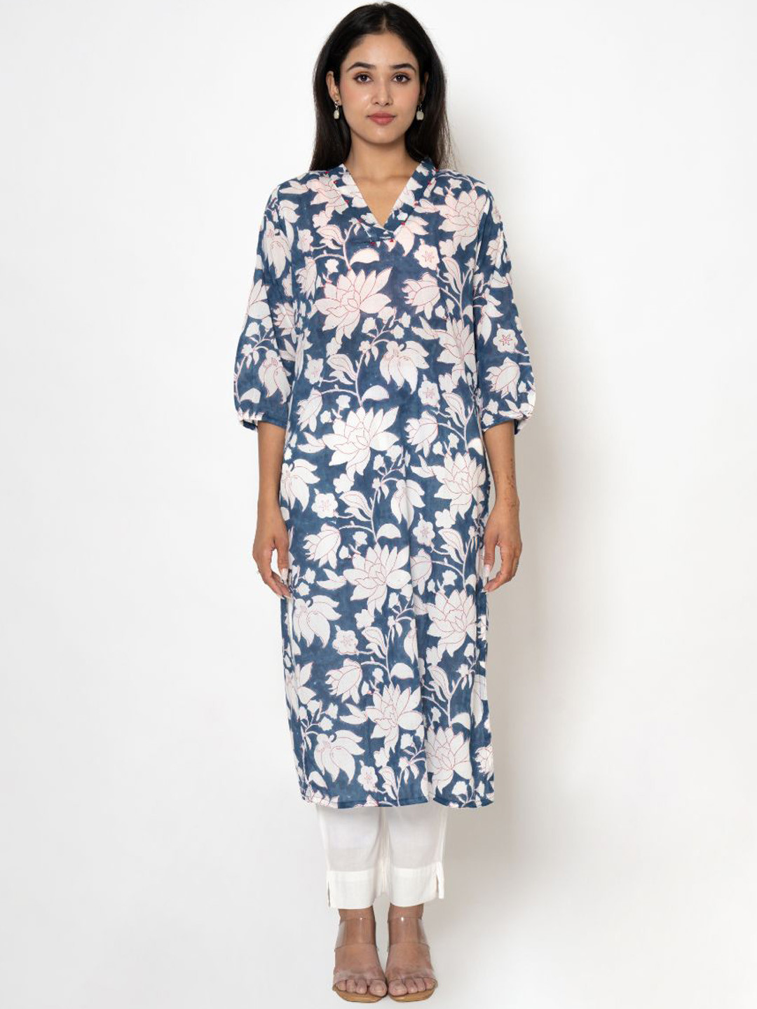 

Kameez by Pooja Kejriwal Floral Printed Beaded V-Neck Pure Cotton Kurta With Trouser, Blue