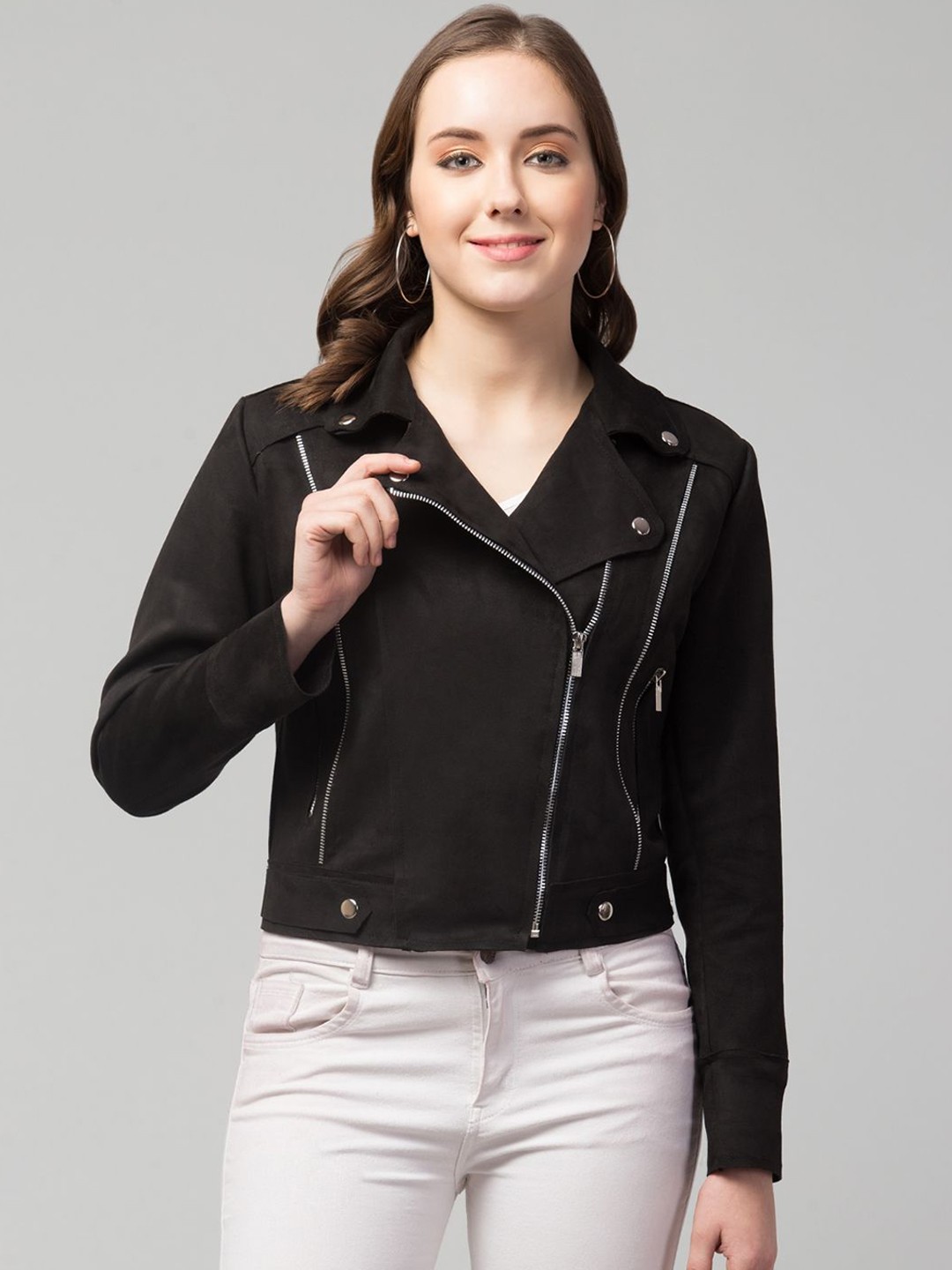 

GalaxyTrendz Women Suede Windcheater Crop Tailored Jacket, Black