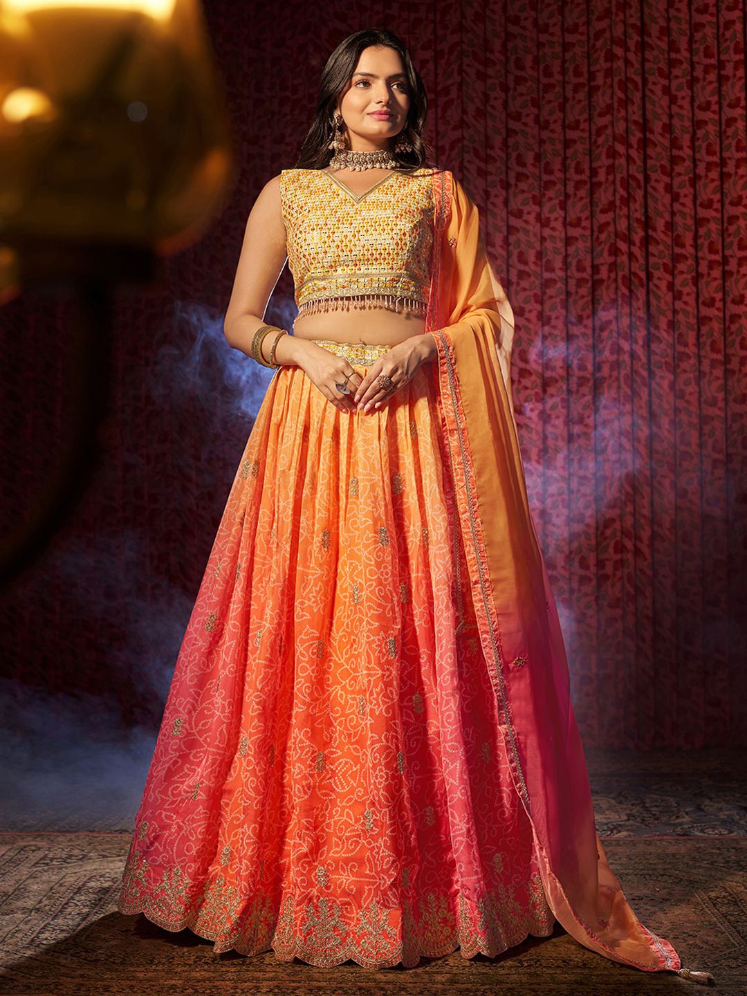 

Fusionic Embroidered Sequinned Semi-Stitched Lehenga & Unstitched Blouse With Dupatta, Orange