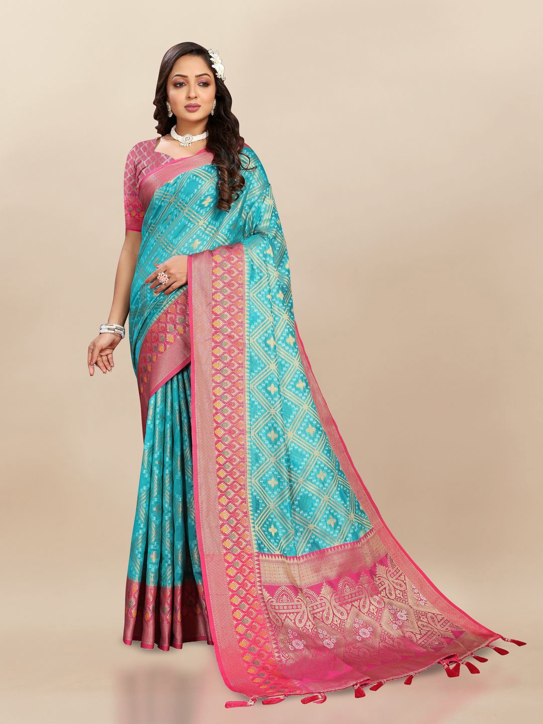 

MOKSHA DESIGNS Ethnic Motifs Zari Pure Silk Paithani Saree, Blue