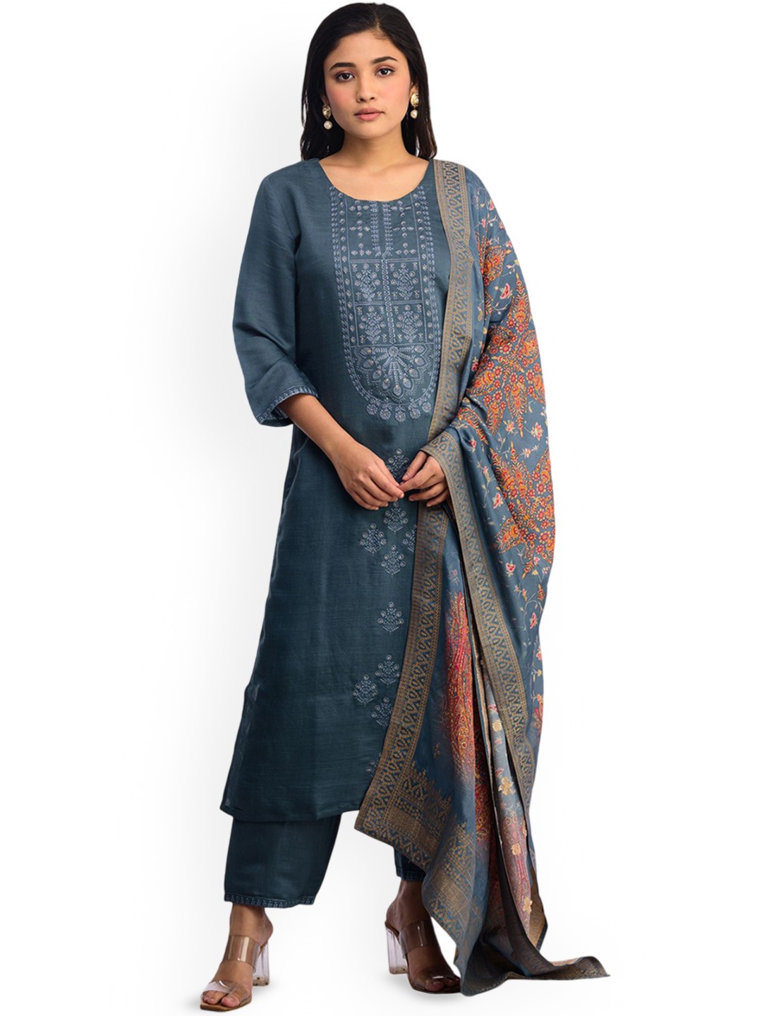 

ISHKIYA Women Floral Printed Regular Kurta with Trousers & With Dupatta, Grey