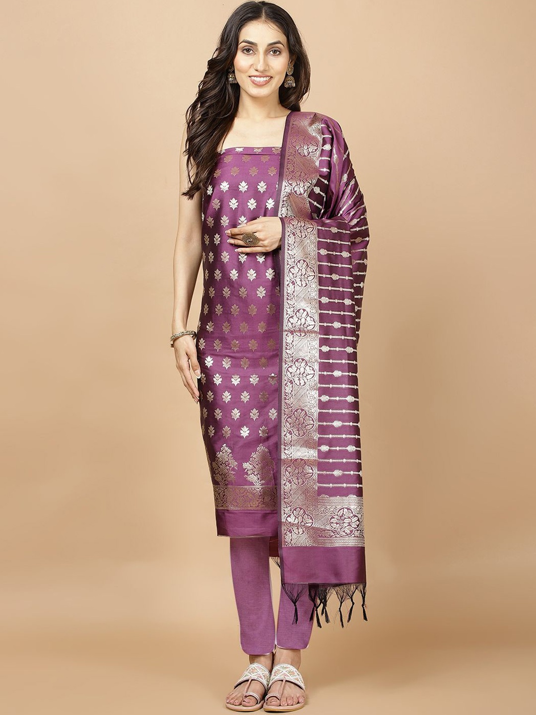 

Meena Bazaar Ethnic Motifs Woven Design Chanderi Unstitched Dress Material, Purple