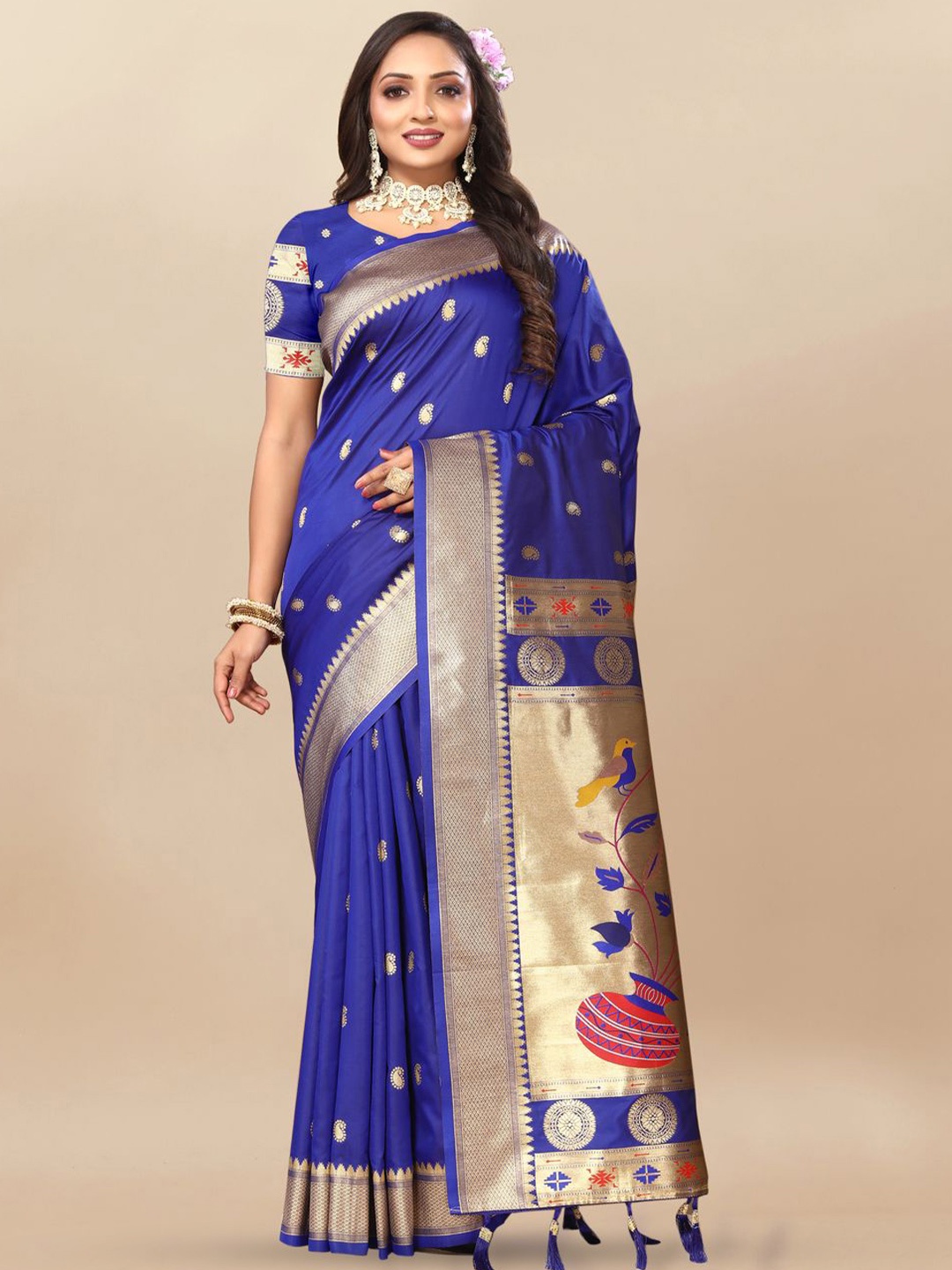 

MOKSHA DESIGNS Ethnic Motifs Woven Design Zari Pure Silk Paithani Saree, Blue