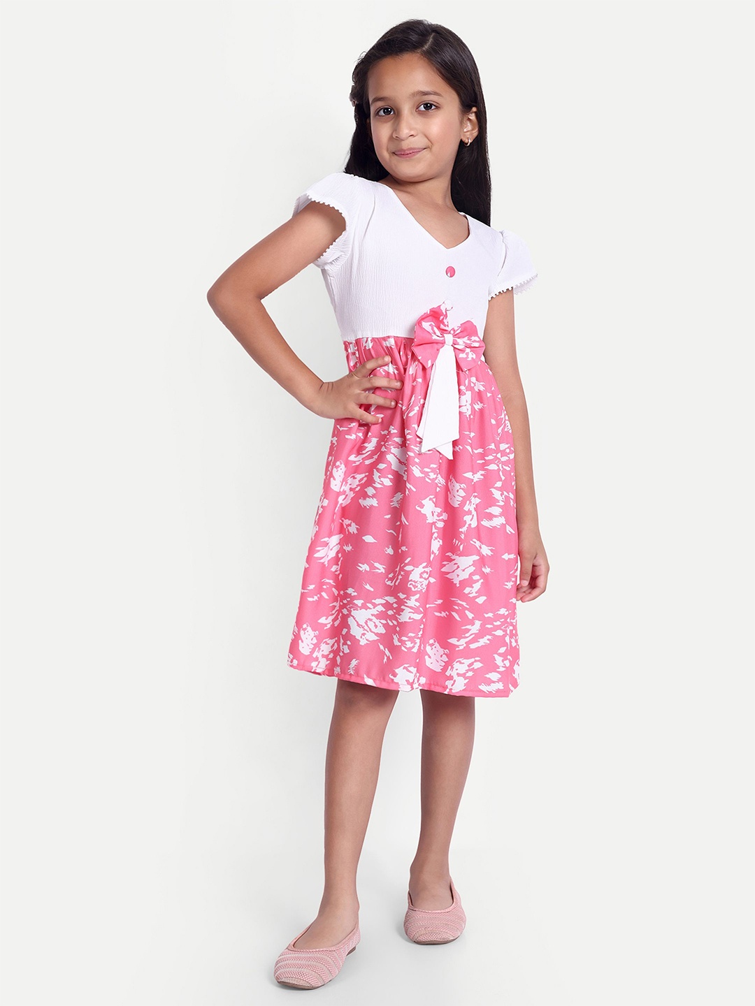 

FEBVIBE Floral Print Cape Sleeve Fit & Flare Dress, Pink