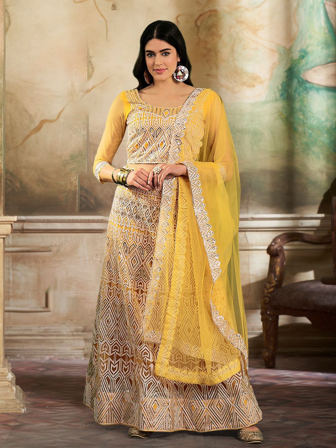 

Kvsfab Embroidered Sequinned Semi-Stitched Lehenga & Blouse With Dupatta, Yellow