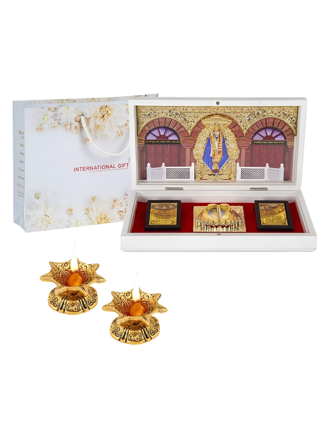 

INTERNATIONAL GIFT Gold-Toned Metal Sai Baba Charan Paduka Idol Showpiece with 2 Diya