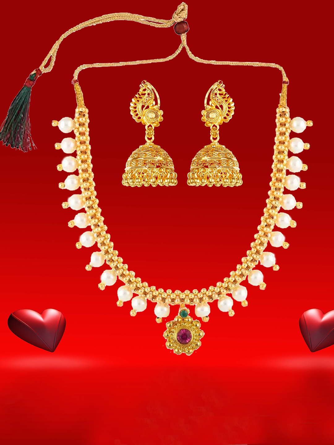 

Heer Collection Gold-Plated Stone-Studded Beaded Jewellery Set