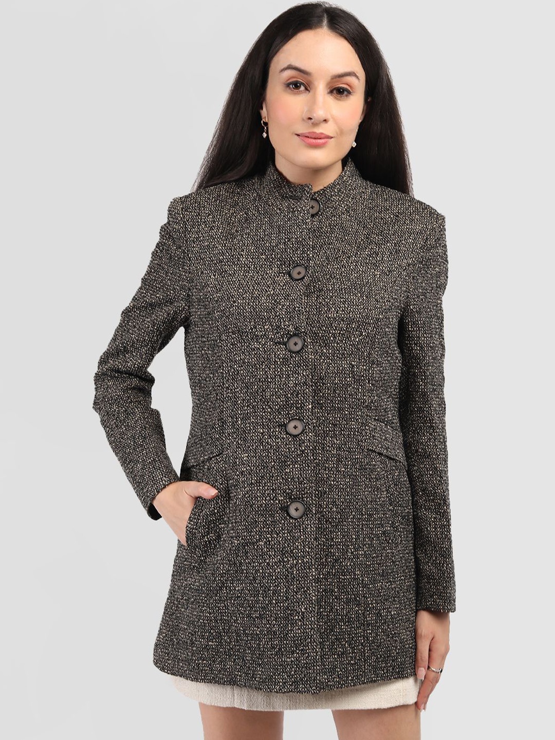 

HONNETE Women Stand Collar Single-Breasted Duffle Coat, Brown
