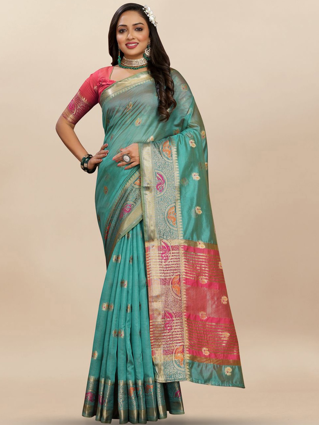 

MOKSHA DESIGNS Ethnic Motifs Zari Pure Silk Banarasi Saree, Green