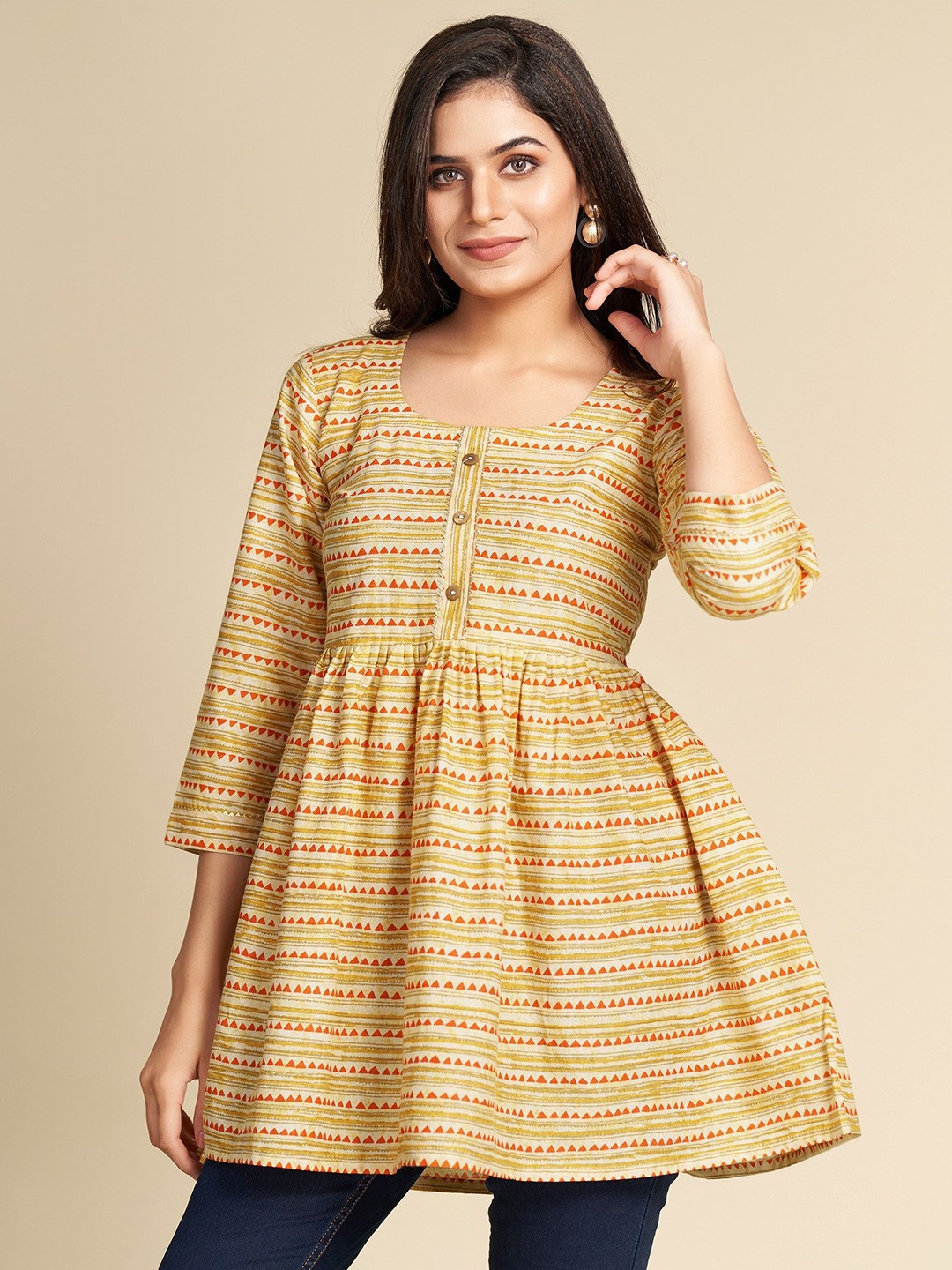

GULABOSITABO Striped Square Neck Three-Quarter Sleeves Pure Cotton Top, Yellow