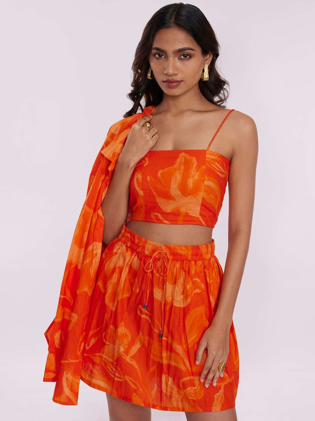 

POPPI Floral Printed Shoulder Straps Pure Cotton Crop Top With Skirt & Shirt, Orange