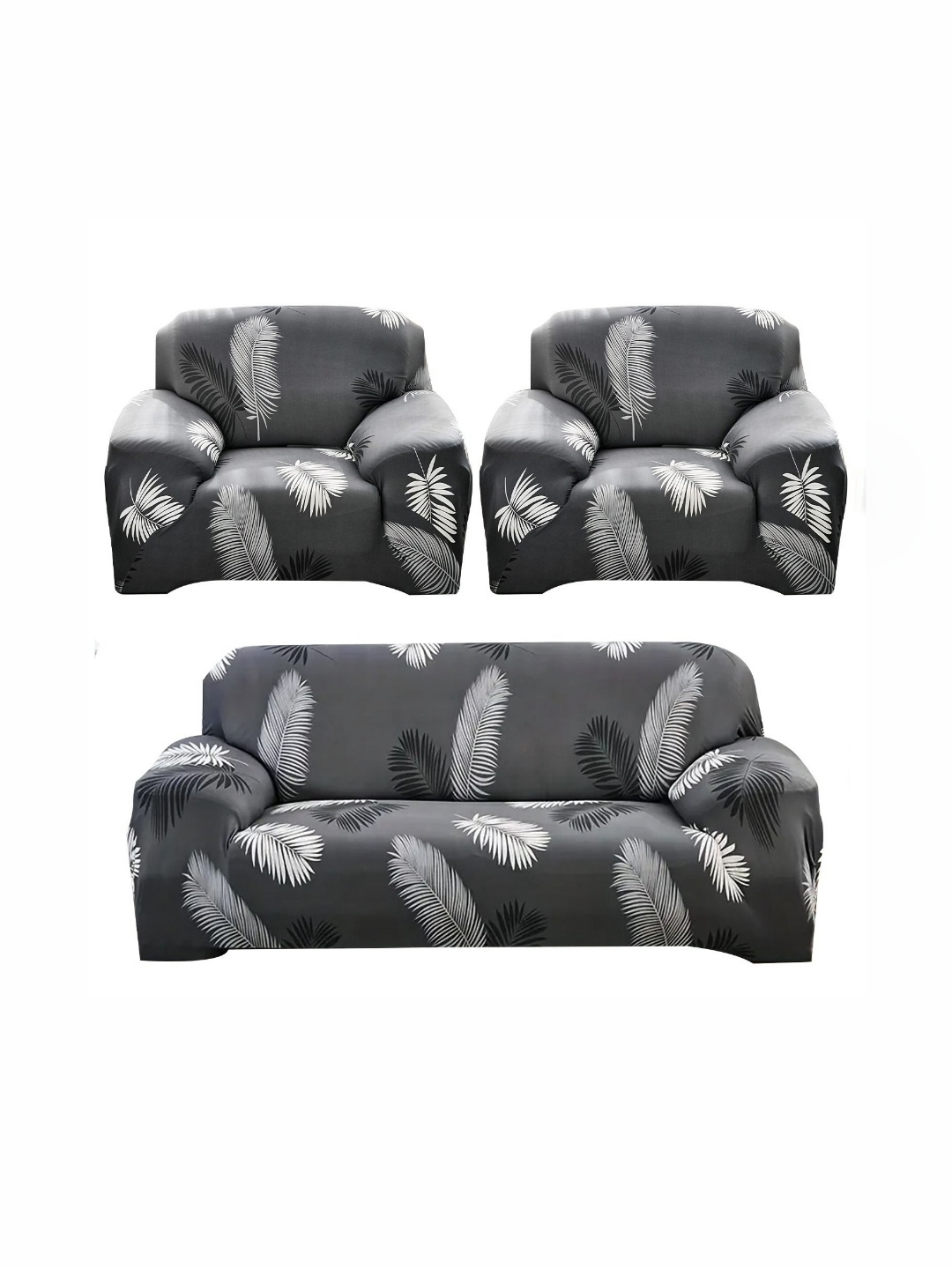 

B BESTILO Grey & White 5 Pieces Floral Printed Five Seater Sofa Cover With Arms