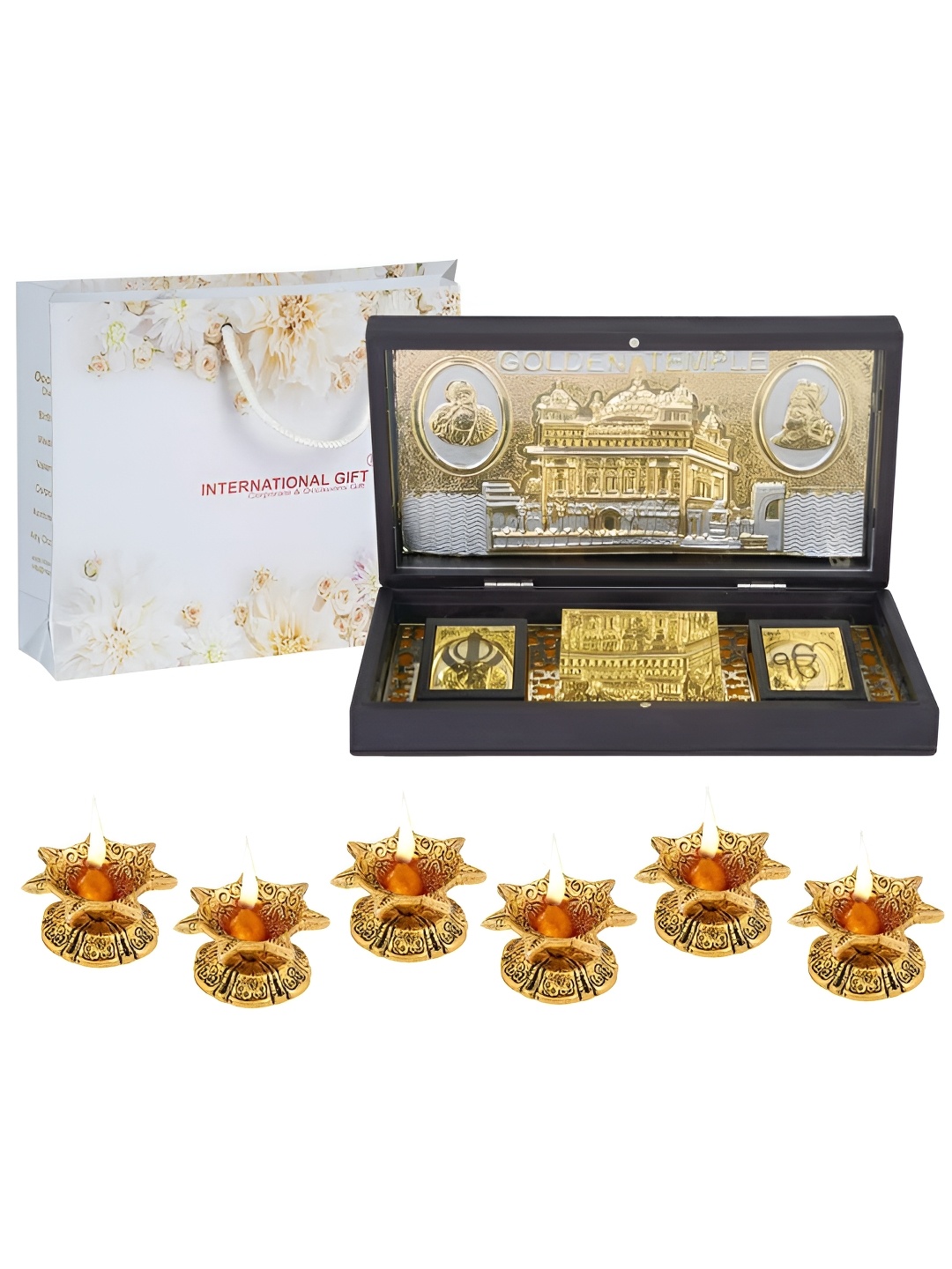 

INTERNATIONAL GIFT Gold-Toned Golden Temple Frame Message Box with 6 Diya