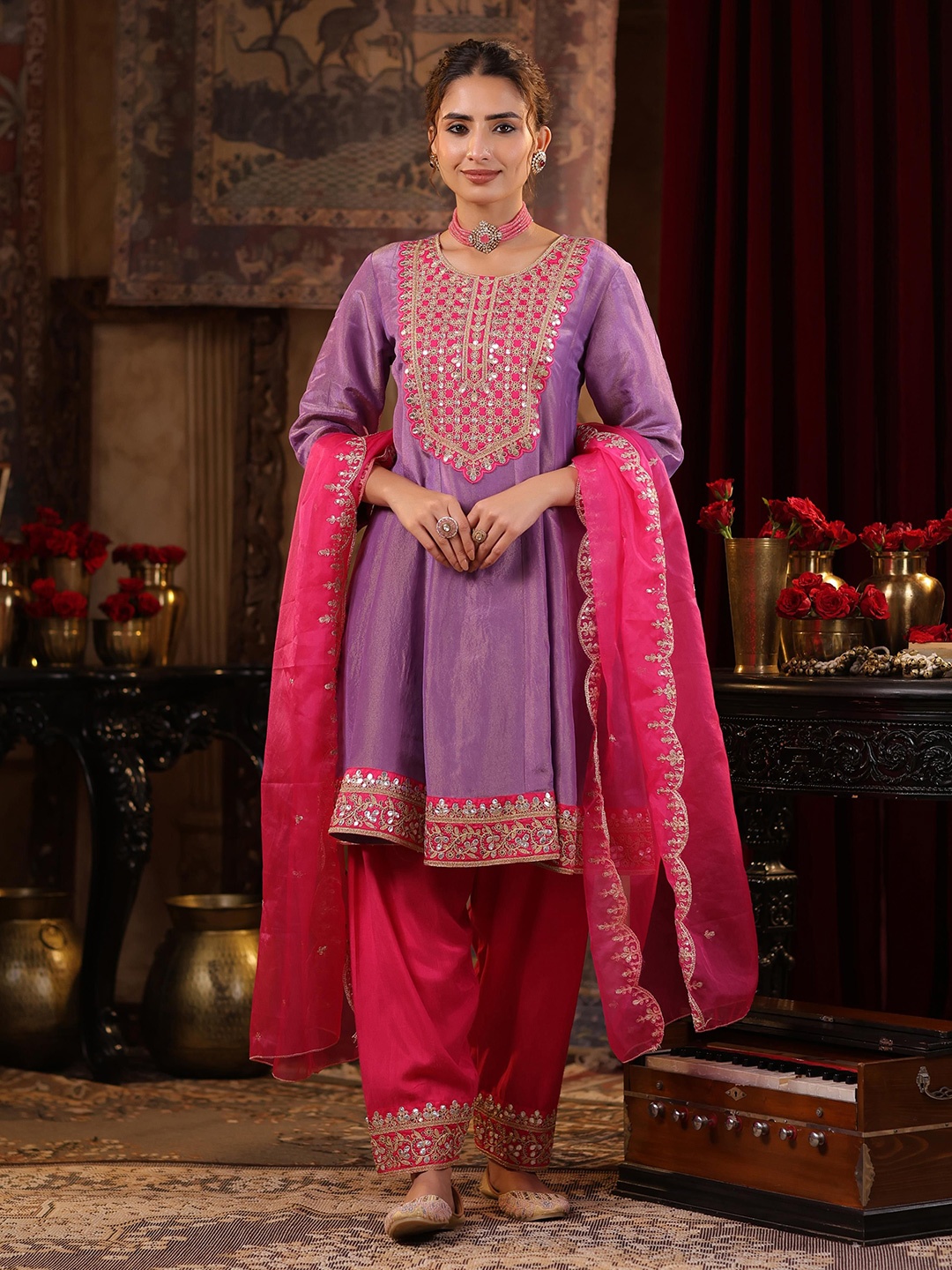 

SCAKHI Ethnic Motifs Embroidered Sequinned Organza Anarkali Kurta With Salwar & Dupatta, Purple