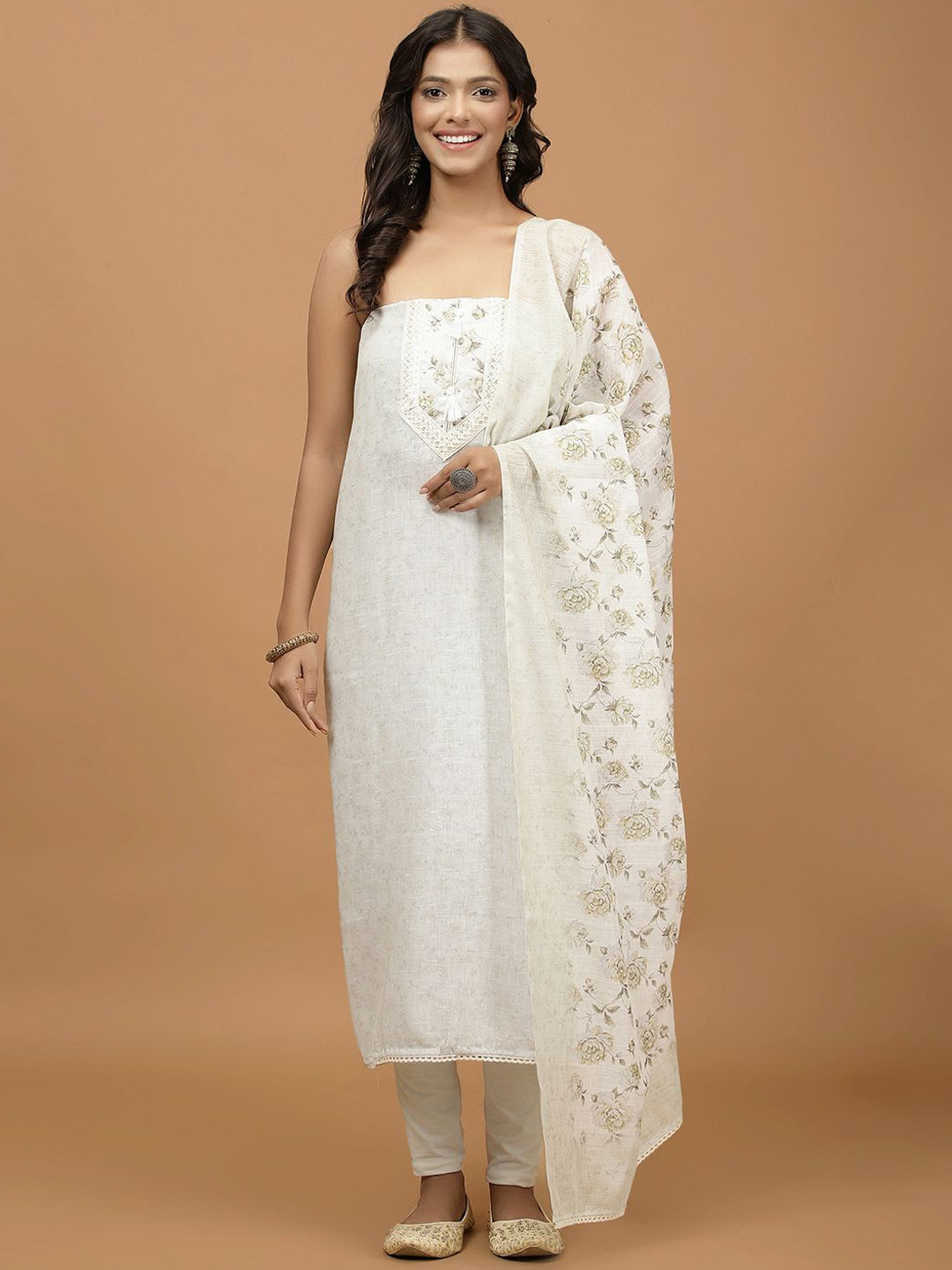 

Meena Bazaar Floral Printed Sequinned Unstitched Dress Material, Grey