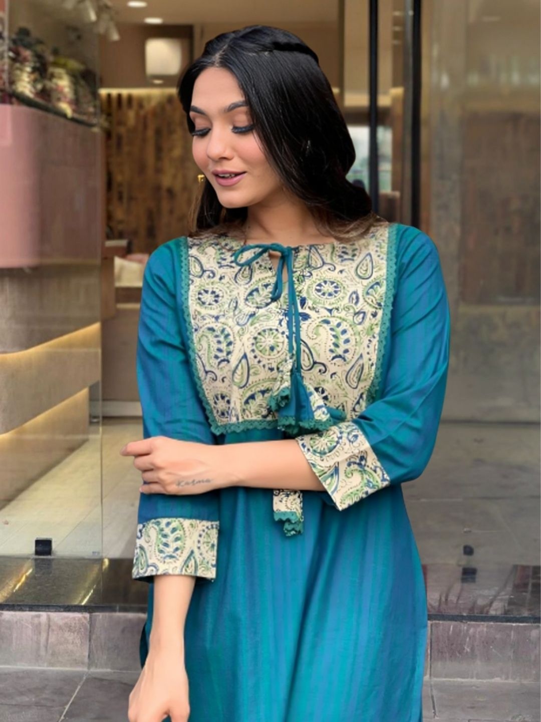 

KALINI Women Paisley Yoke Design Regular Pure Cotton Kurta with Palazzos, Teal