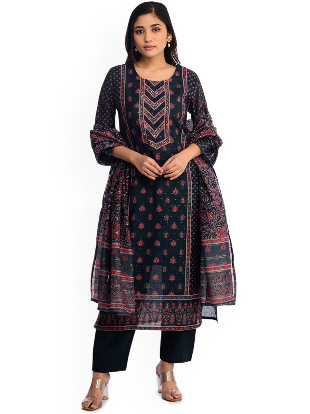 

ISHKIYA Women Ethnic Motifs Printed Regular Chanderi Silk Kurta with Trousers & With Dupatta, Grey