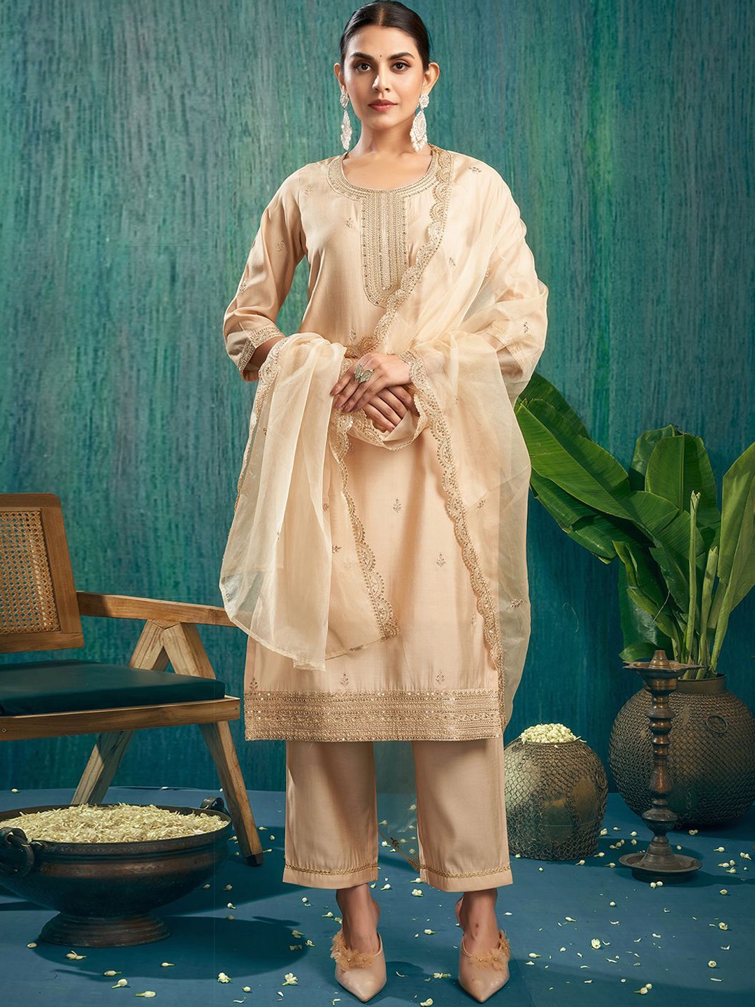 

KALINI Ethnic Motifs Embroidered Sequinned Chanderi Silk Kurta & Trouser & Dupatta, Beige