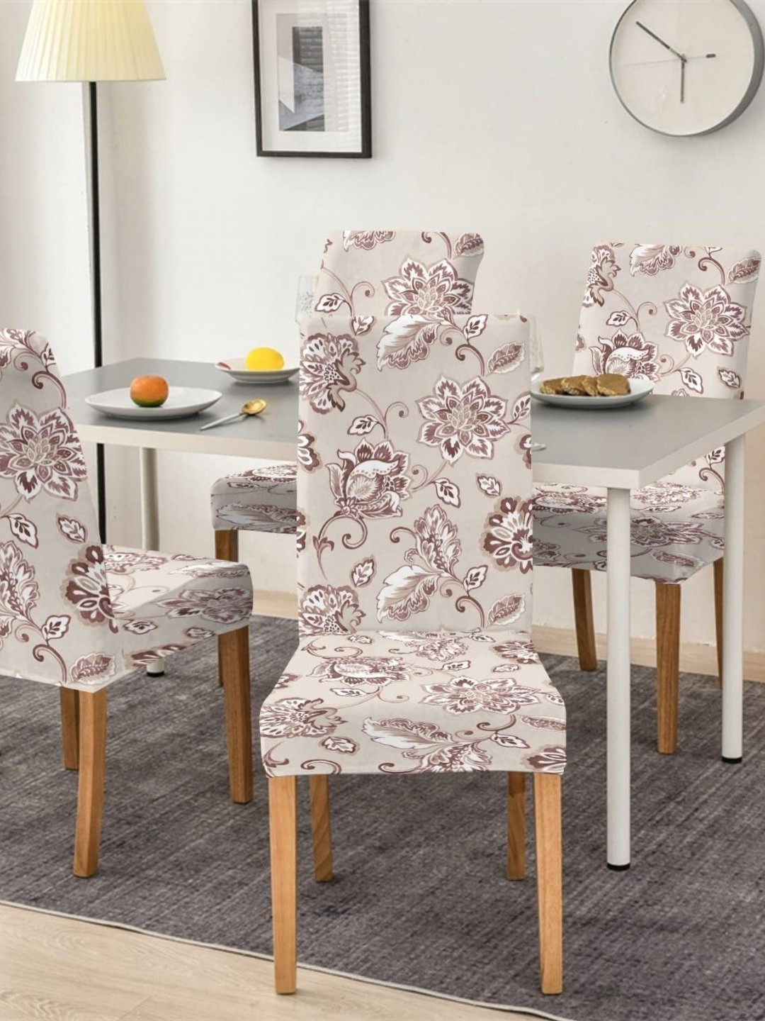 

Aura Beige & White 4 Pieces Floral Printed Stretchable Chair Covers
