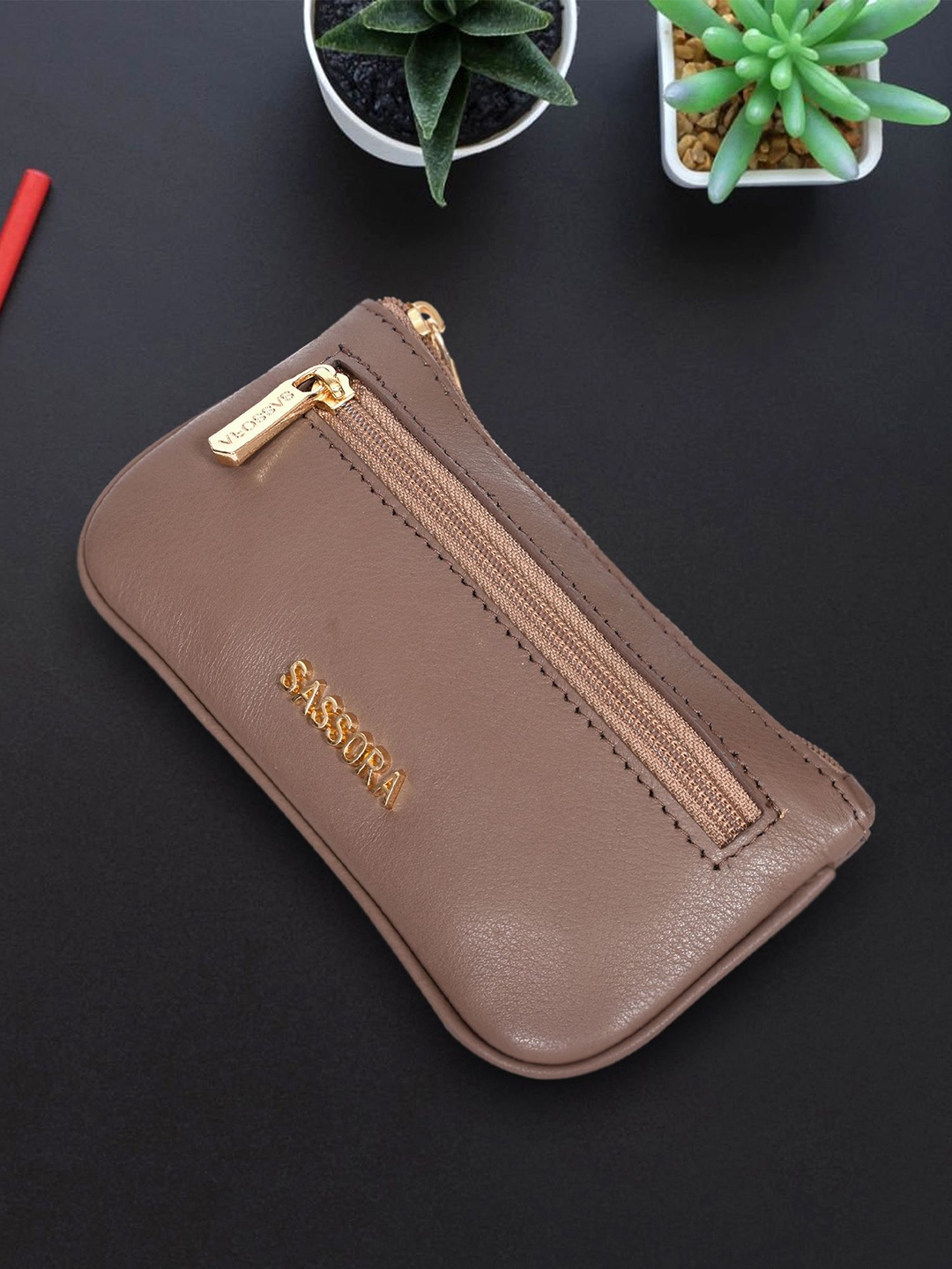 

Sassora Taupe Colored & Gold Toned Genuine Leather Key Pouch