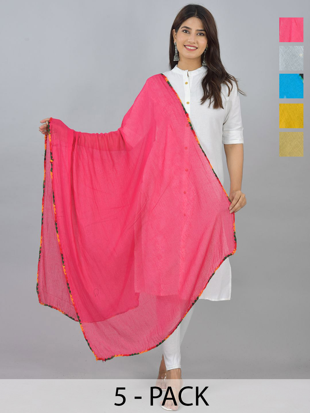 

LA FEMINAE Pack Of 5 Pure Cotton Dupatta, Pink
