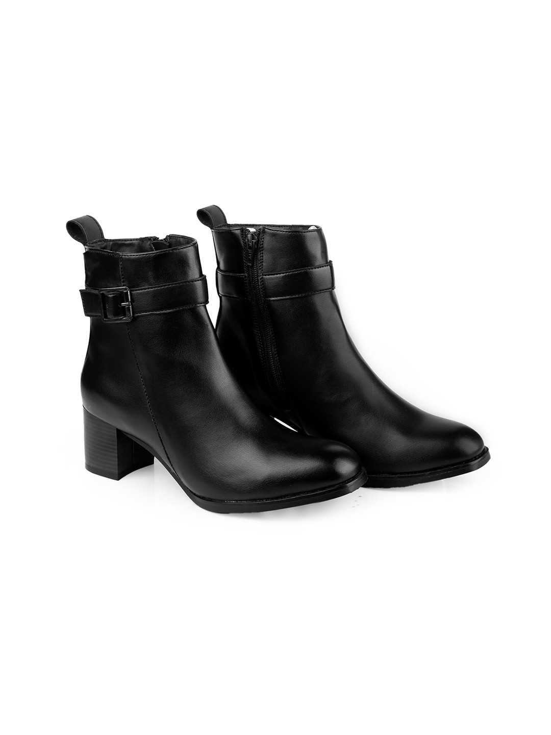 

Bxxy Women Faux Casual Buckle Zipper Block Heels High Ankle Boot, Black