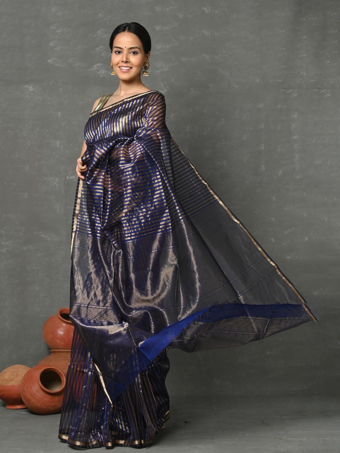 

Very Much Indian Striped Zari Maheshwari Saree, Navy blue