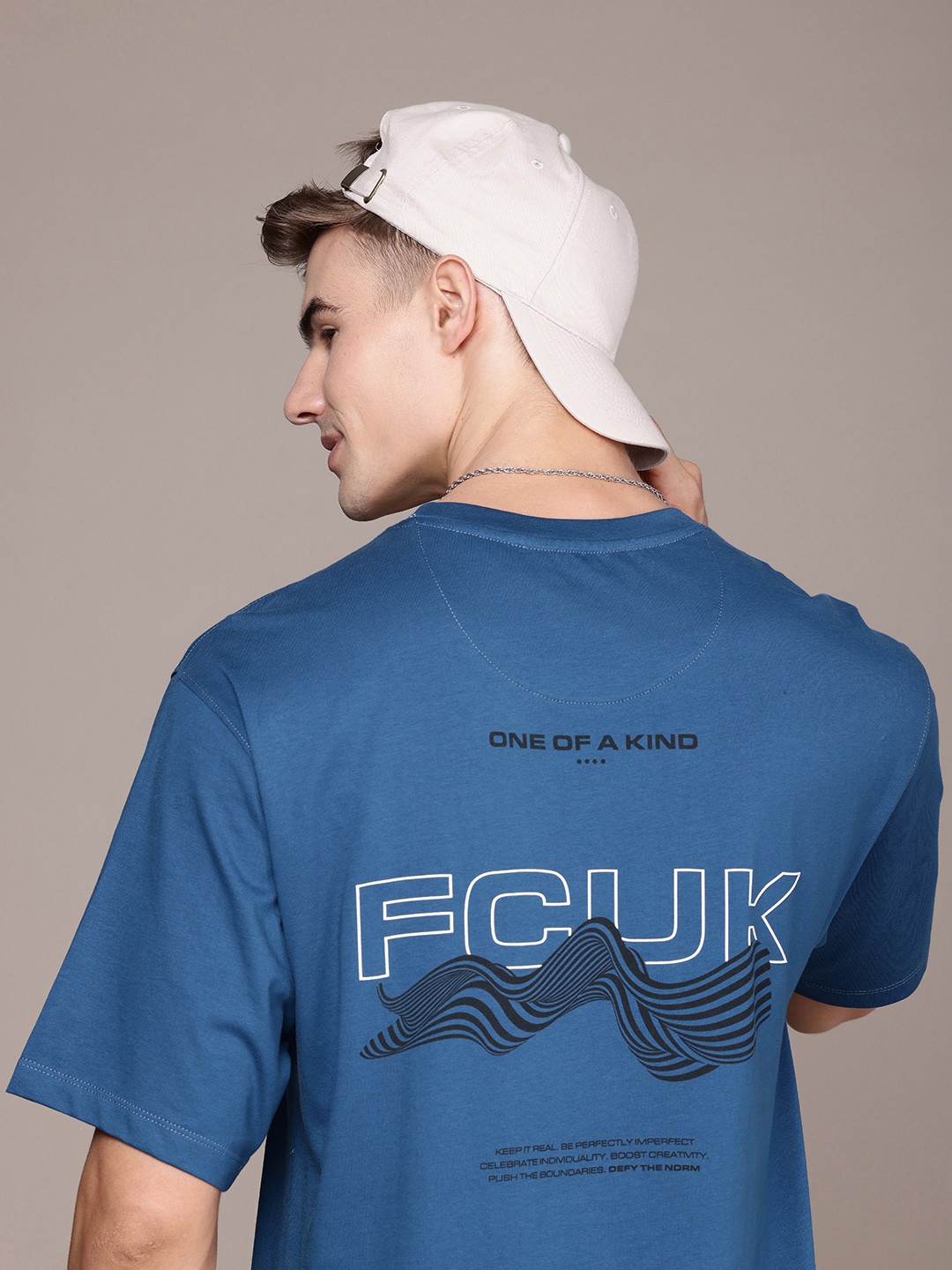 

FCUK Men Brand Logo Printed Pure Cotton Oversized T-shirt, Blue