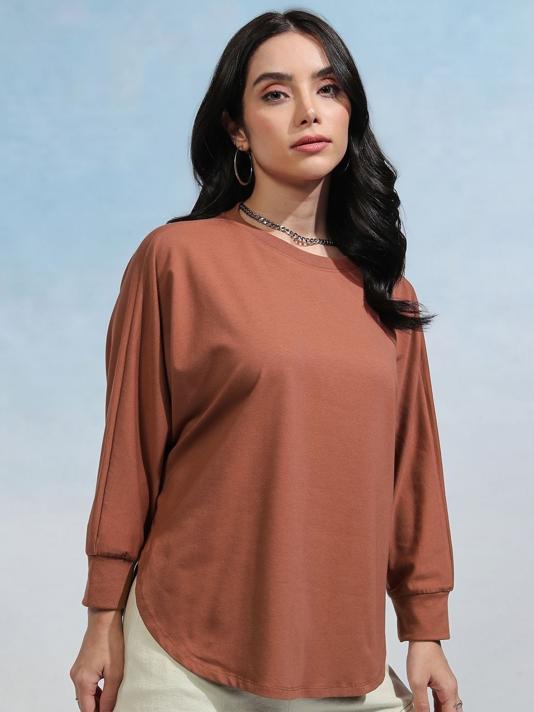 

Tokyo Talkies Women Solid Round Neck Cotton T-shirt, Brown