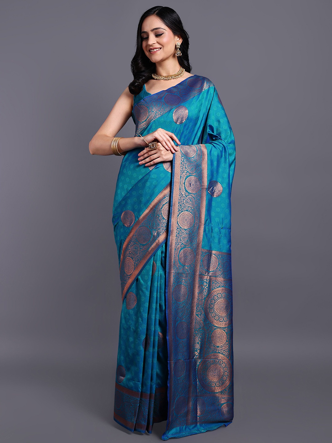 

SWAMI STUDIO Floral Zari Pure Cotton Kanjeevaram Saree, Blue