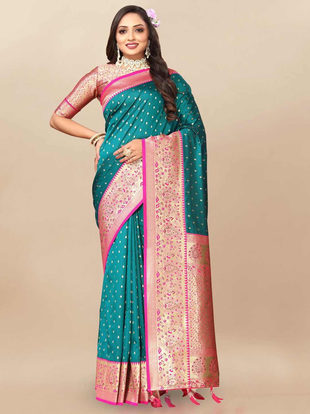 

MOKSHA DESIGNS Ethnic Motifs Zari Pure Silk Banarasi Saree, Blue