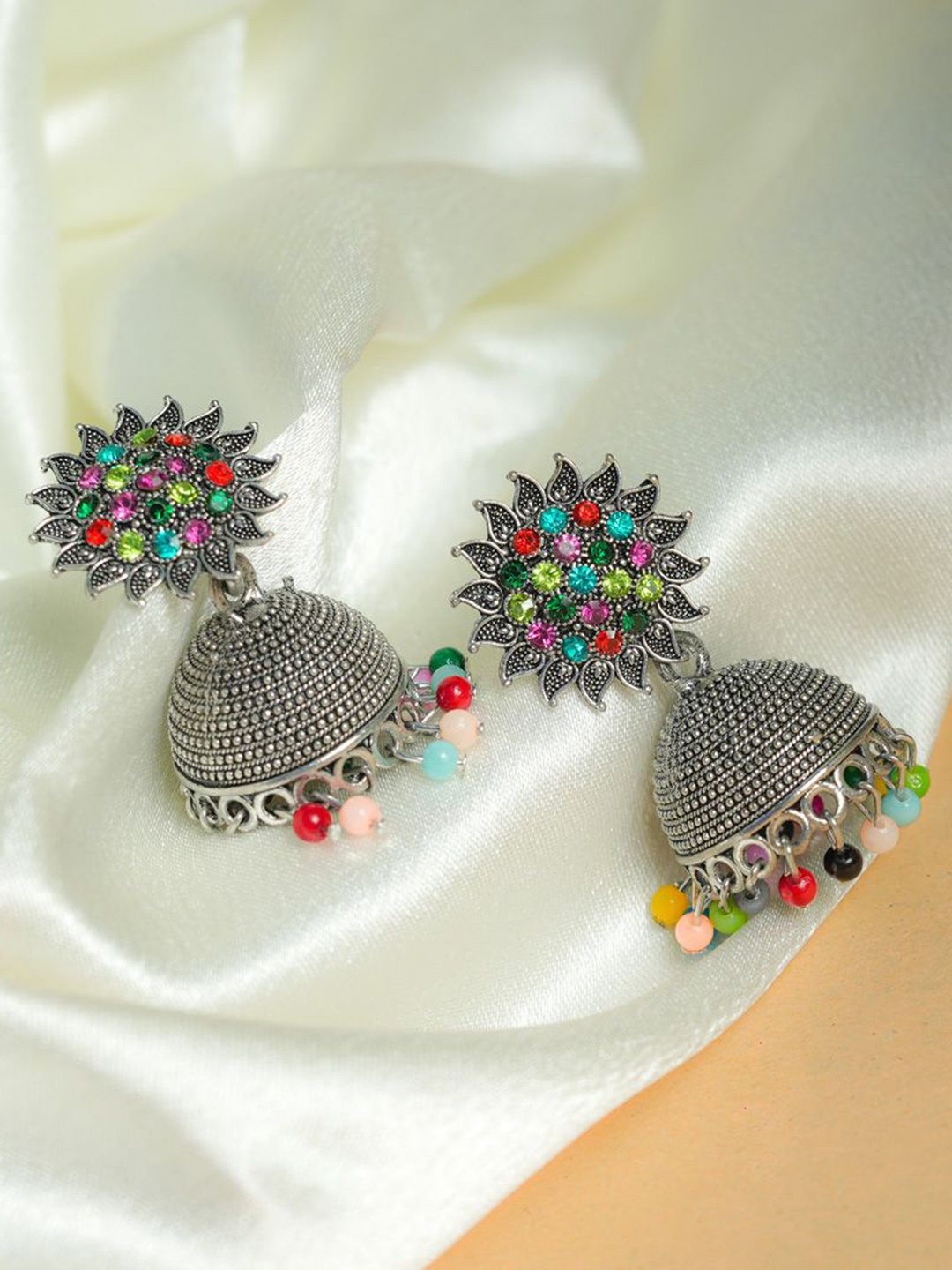 

VIRAASI Silver-Plated Stone Studded & Beaded Oxidised Jhumkas