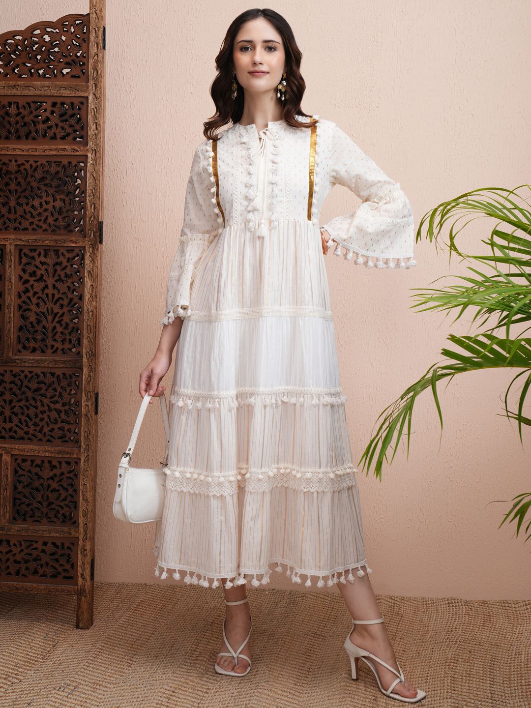 

Vishudh Embroidered Bell Sleeve A-Line Maxi Dress, Off white