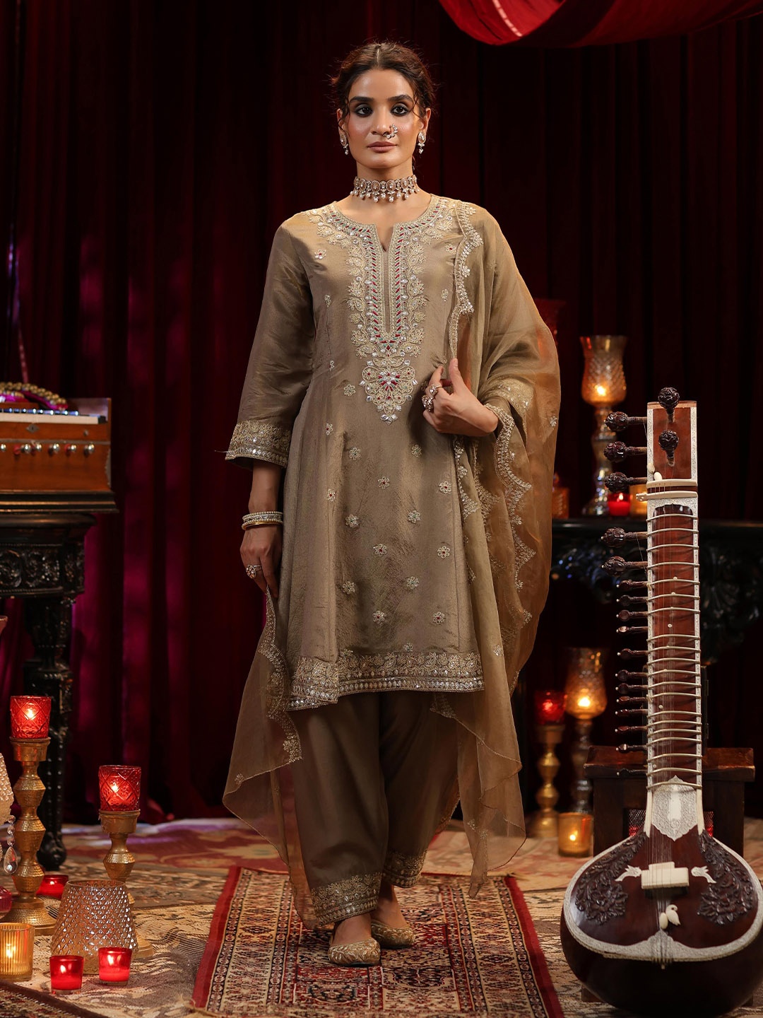 

SCAKHI Ethnic Motifs Embroidered Sequinned Organza Kurta with Salwar & Dupatta, Taupe