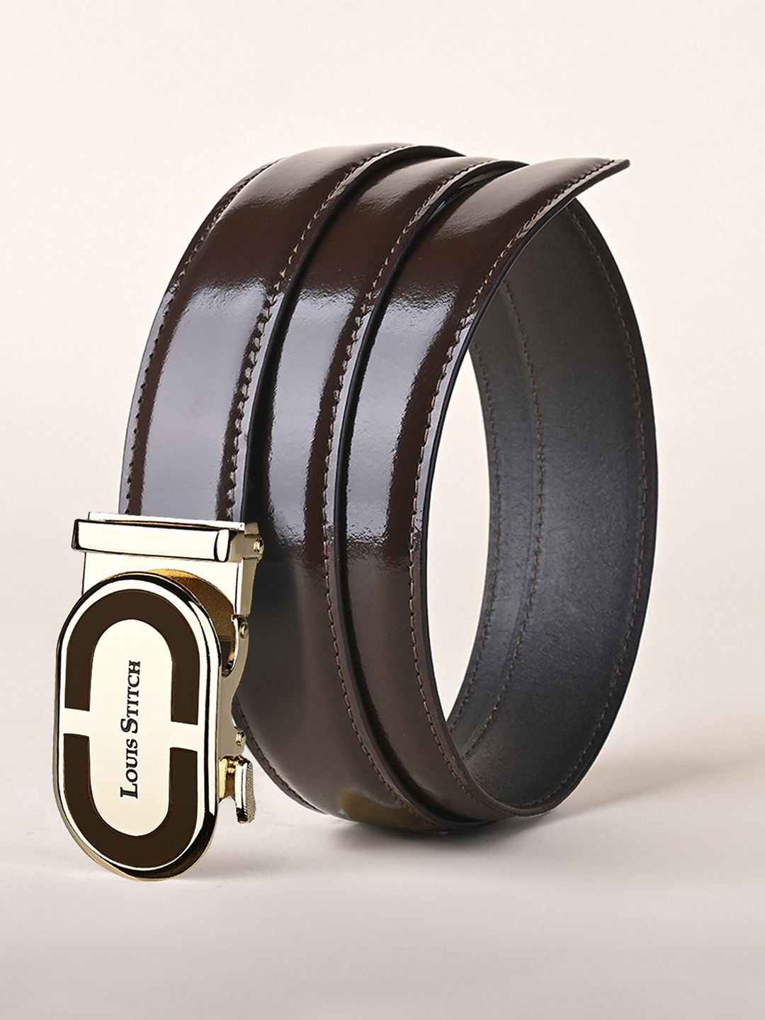 

LOUIS STITCH Premium VT Leather Men Auto Lock Buckle Belt, Brown