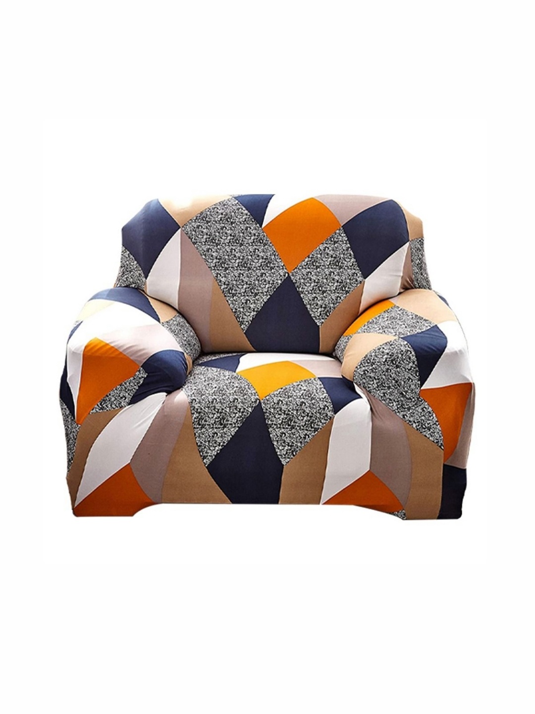 

B BESTILO Brown & Blue Geometric Printed Single Seater Sofa Cover With Arms
