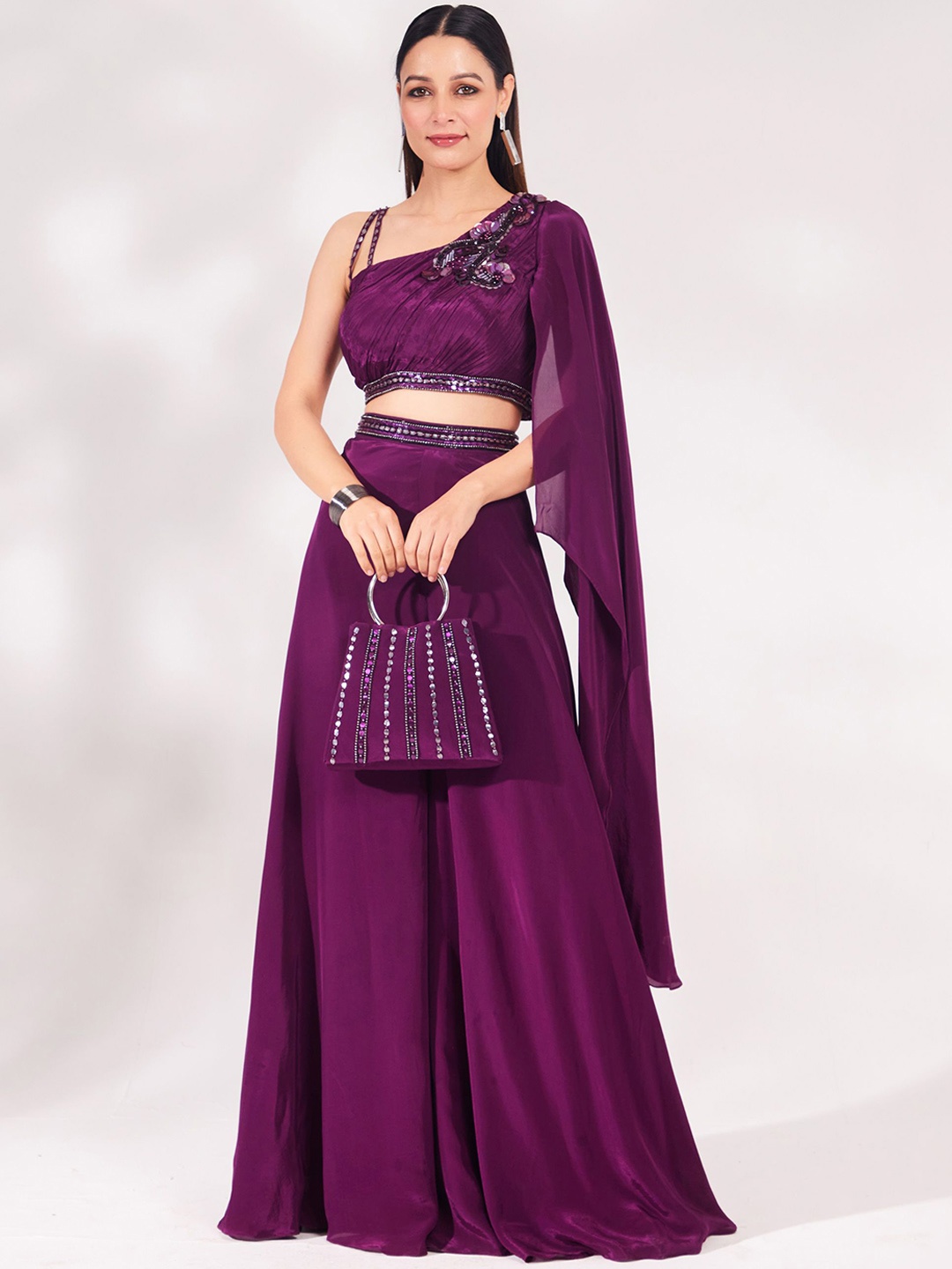 

Chaashni by Maansi & Ketan Embroidered Top & Palazzos, Burgundy