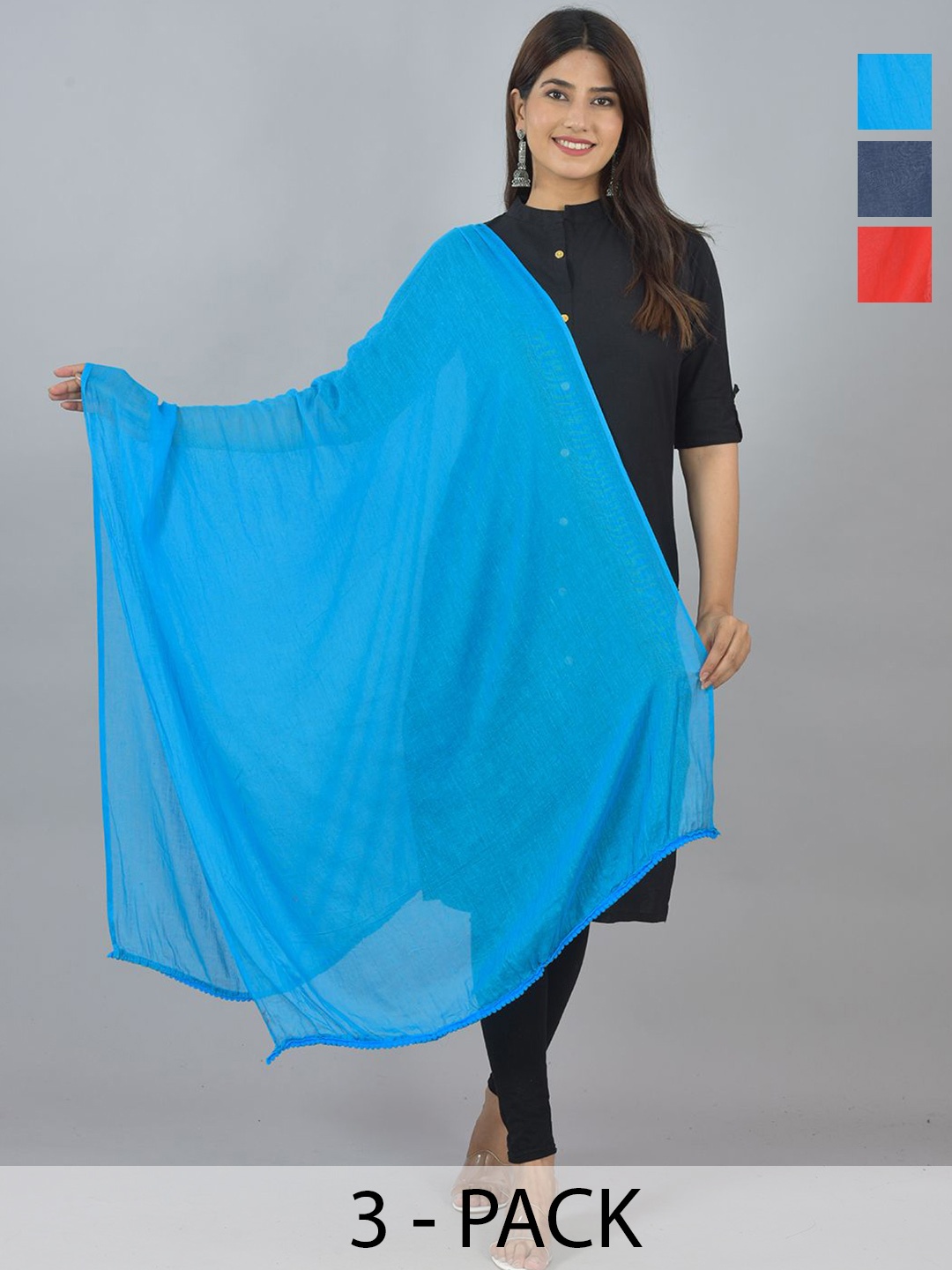 

LA FEMINAE Pack Of 3 Pure Cotton Dupatta, Turquoise blue