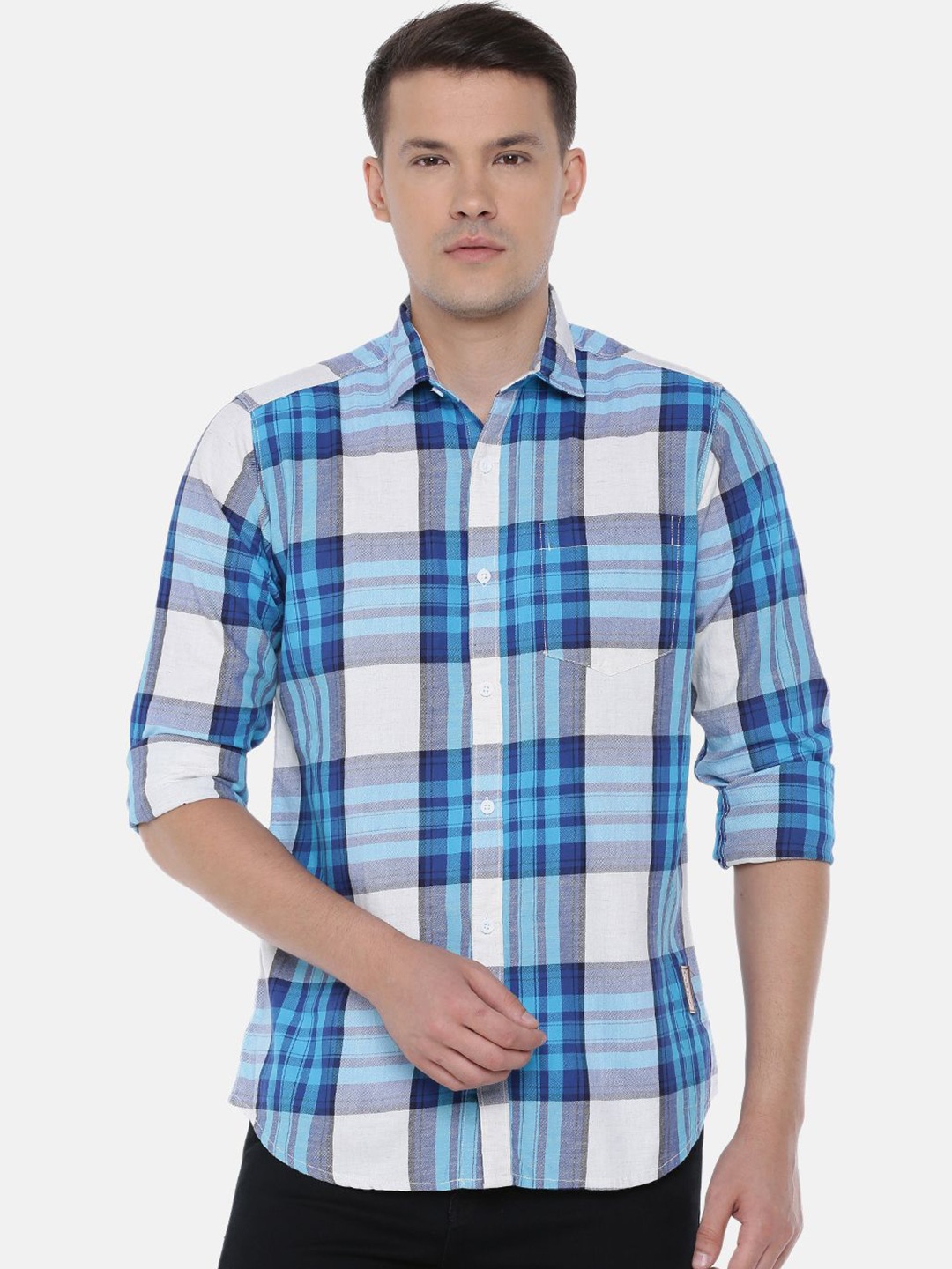 

Cross Court Men Slim Fit Tartan Checks Opaque Checked Casual Shirt, Blue