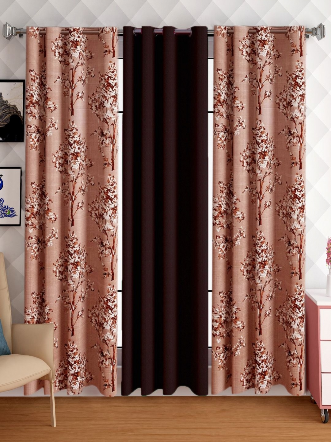 

Lunar Days Brown Set of 3 Floral Room Darkening Long Door Curtain