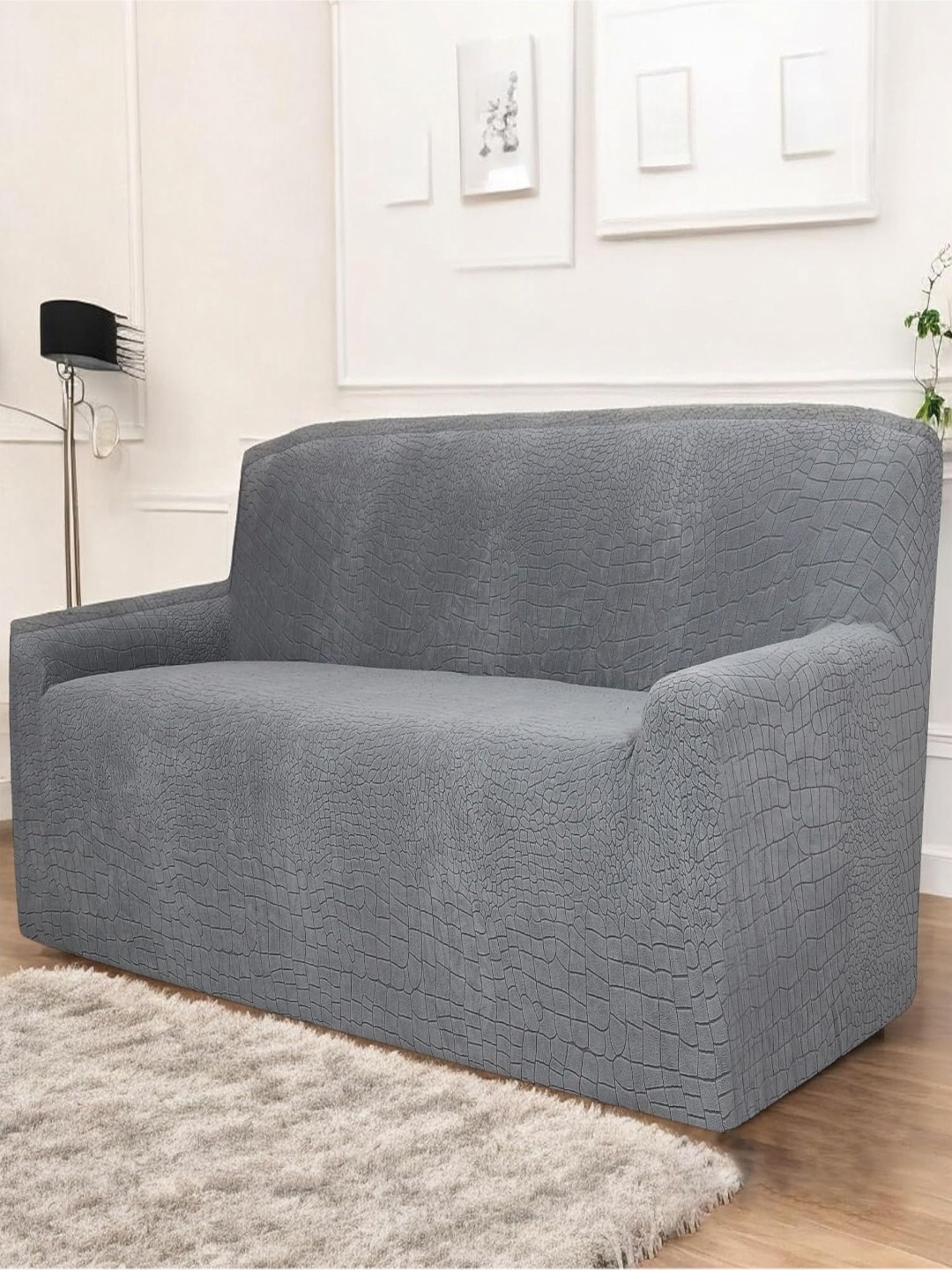 

HOUSE OF QUIRK Universal Charcoal Self Design Jacquard Sofa Cover With Arms