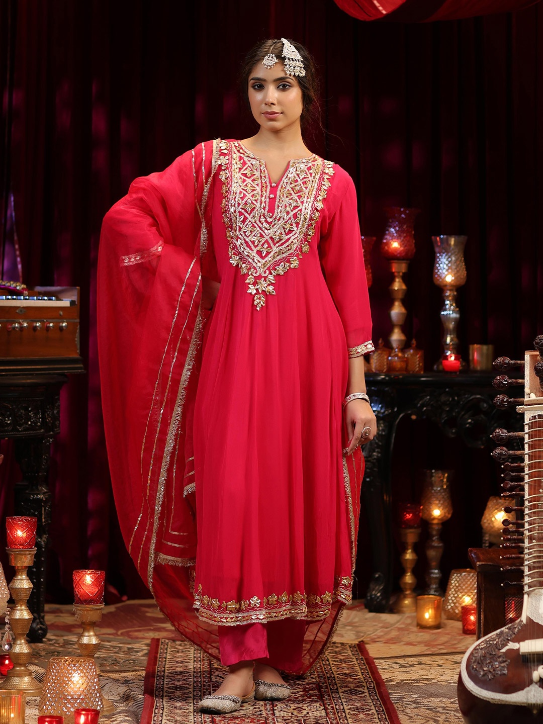 

SCAKHI Floral Yoke Design Embroidered Gotta Patti Anarkali Kurta with Trousers & Dupatta, Fuchsia