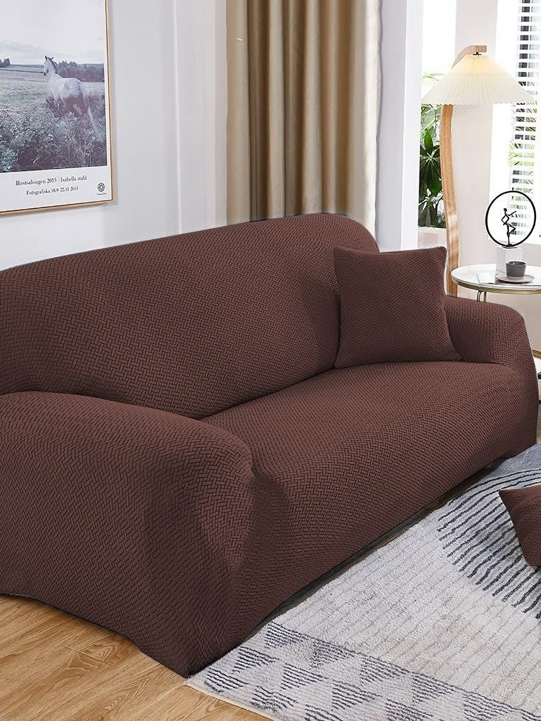 

B BESTILO Brown 5 Pieces Self Design 5 Seater Sofa Cover With Arms