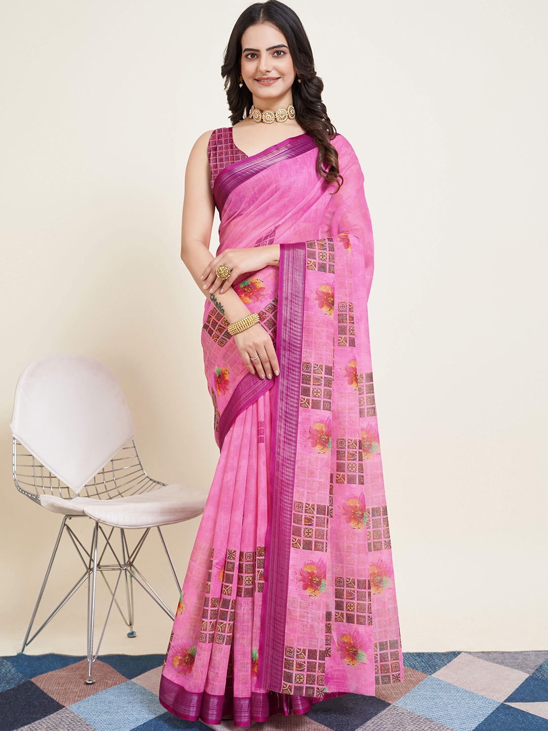 

Kriyansh Floral Pure Georgette Saree, Pink